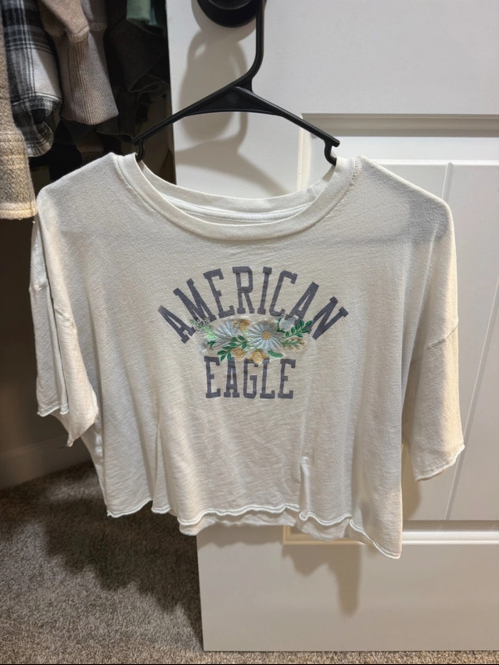 American Eagle Outfitters Cream Crop Top with Floral Logo